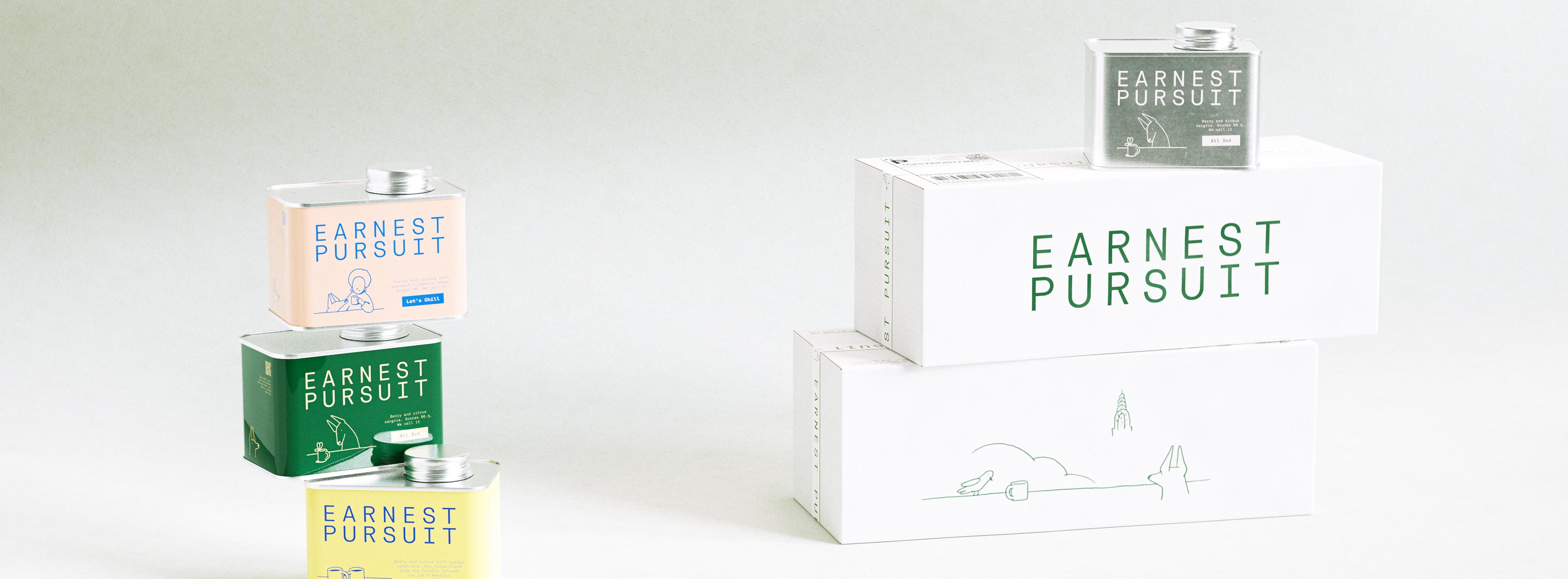 A full family shot of the Earnest Pursuit system arranged on a pale grey surface. On the left, three coffee tins stack into a column — a blush tin reading "Let's Chill", a forest-green tin and a yellow tin — each printed with the wordmark and its own small line drawing. On the right, two white shipping cartons sit stacked, one showing the letter-spaced green wordmark and the other the single-line New York skyline illustration, with a green tin resting on top. Materials range from lithographed metal tins to uncoated corrugated board, all held to a tight palette of green with warm accent tones. The image showcases a multi-SKU identity, structural packaging and illustration built for the launch of a direct-to-consumer coffee brand roasted in New York.