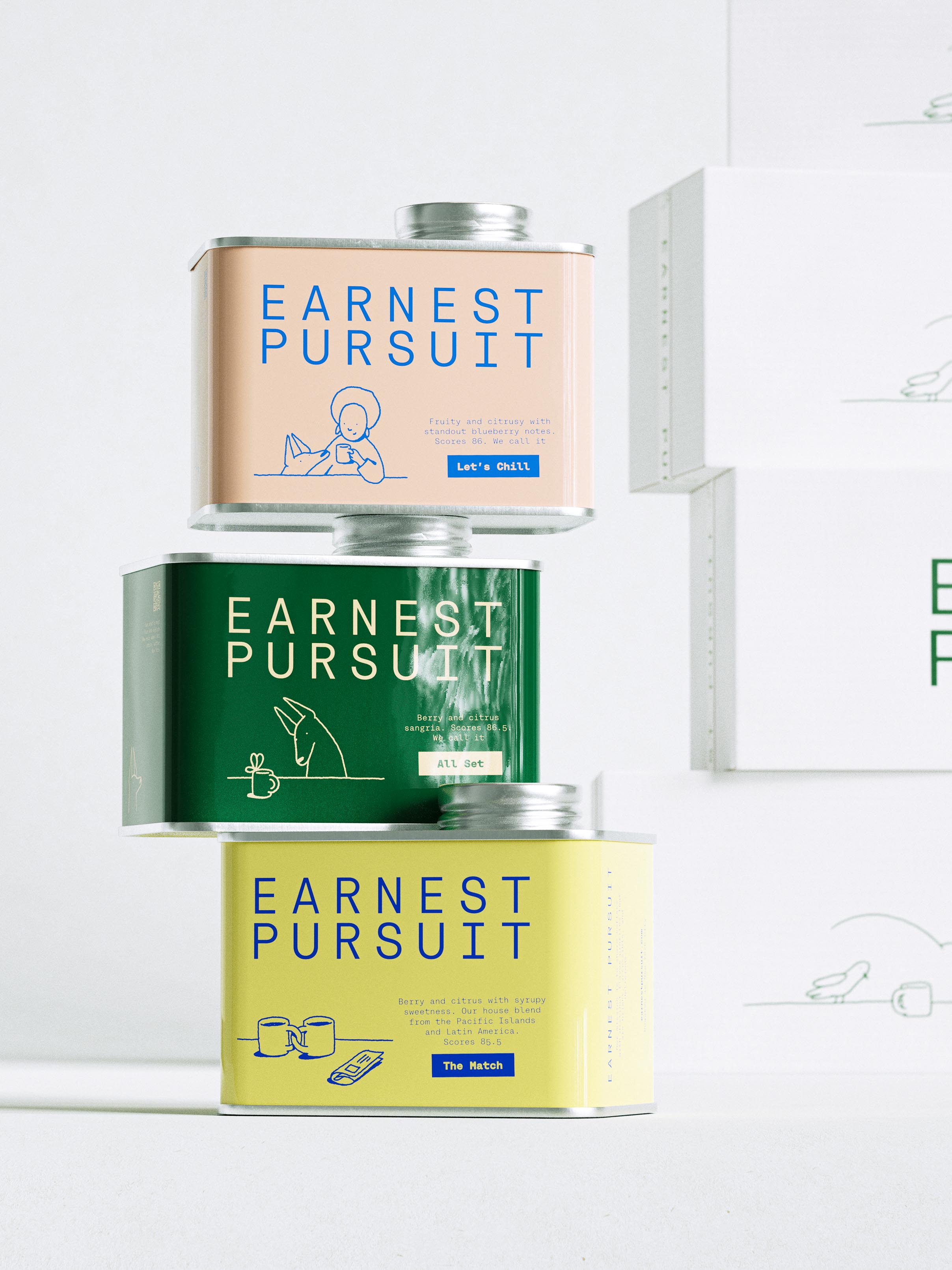Three Earnest Pursuit coffee tins float in a vertical stack against a soft grey studio wall, offset so their lids and bases almost touch. Each is a different colourway with the wordmark set in cobalt blue or cream: a blush tin reading "Fruity and citrusy with standout blueberry notes. Scores 86. We call it Let's Chill"; a forest-green tin reading "Berry and citrus sangria. Scores 86.5. We call it All Set"; and a yellow tin describing a Pacific Islands and Latin America house blend, "Scores 85.5. The Match". A small line drawing sits beside each cupping note — a reclining figure with a cup, a goat at a mug, two mugs and a card. Behind, white shipping boxes carry the green skyline mark. The tins are lithographed metal with matte labels — a multi-SKU packaging system with character illustration and cupping-score information design by Art of Packaging.