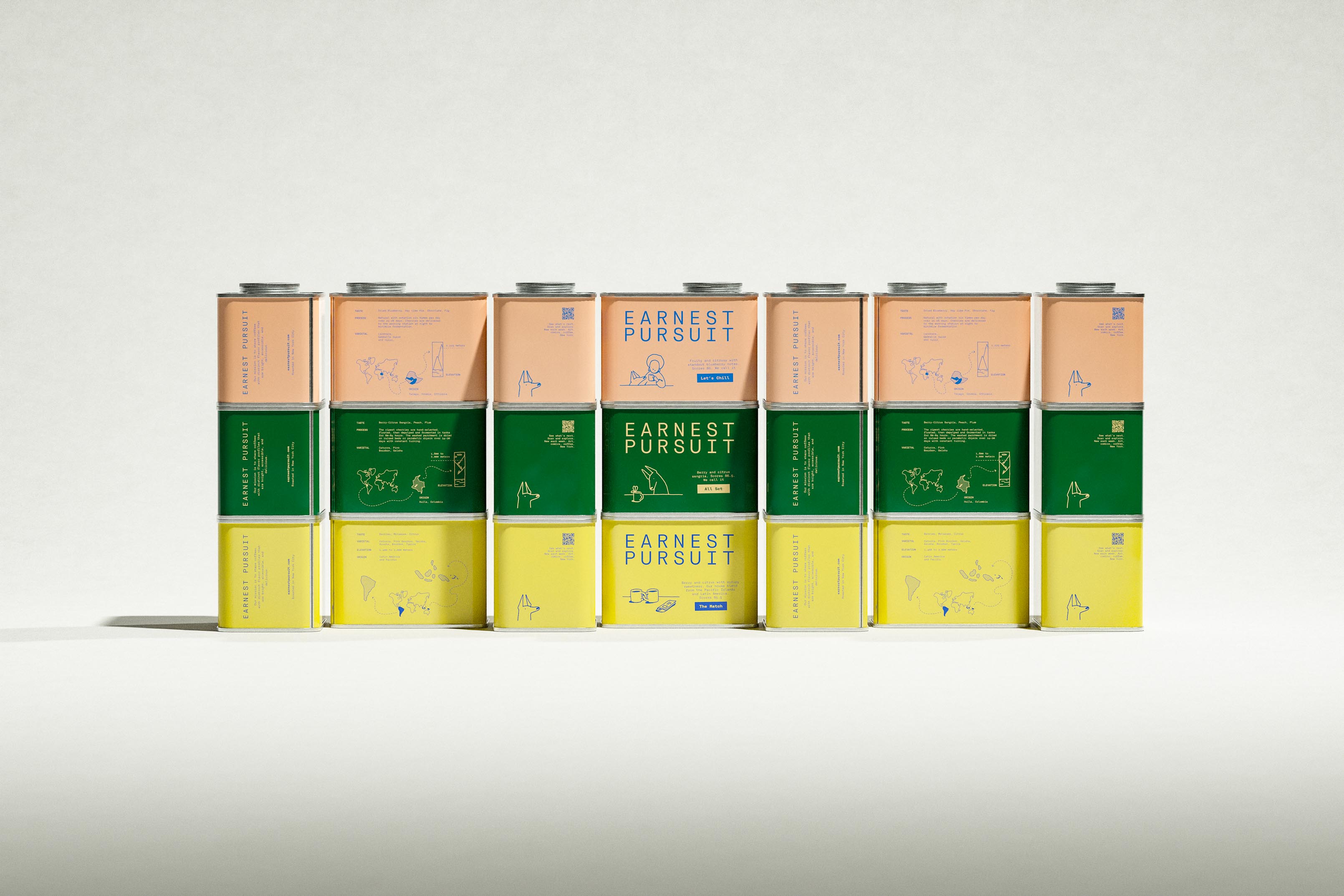 A second take on the seven-column wall in the same sequence, side, origin, rear, front, side, origin, rear, peach over green over yellow. Repeating the same seven faces is how a three-flavor range turns into a wall of packaging design that looks like far more branding than it is, and the vertical wordmark columns keep reading as type rather than texture. Art of Packaging's design for specialty coffee does a lot with seven faces.
