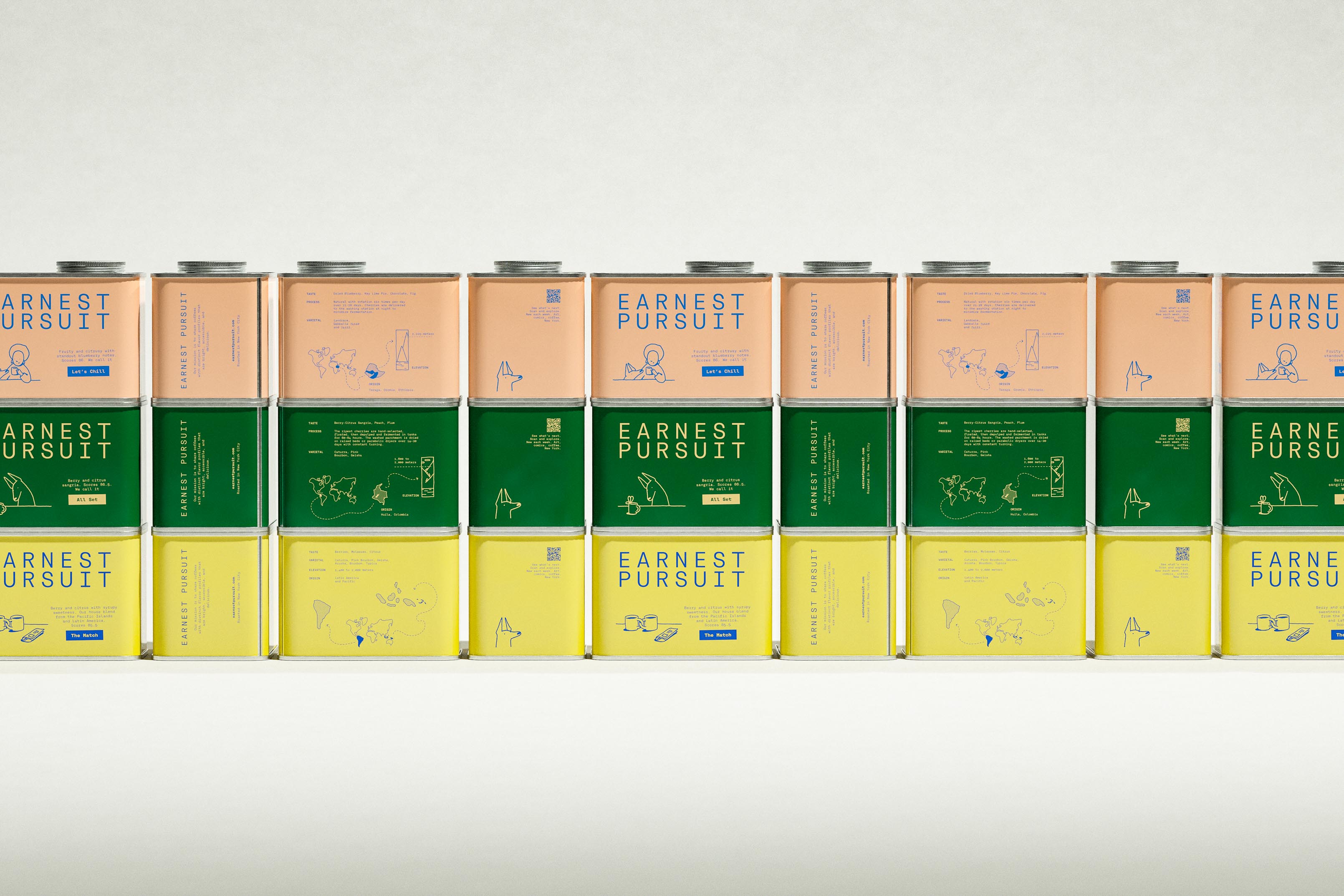 The same wall with peach at the top, green in the middle and yellow at the bottom, repeating a four-face cycle across the frame: front, side, origin, rear. Reorder the rows and the mood changes, which is either a very flexible visual design system or evidence that the tins have opinions about their position. CPG design and branding with a panel grid that survives being cropped at both ends, by Art of Packaging, packaging design for a multi-flavor range.