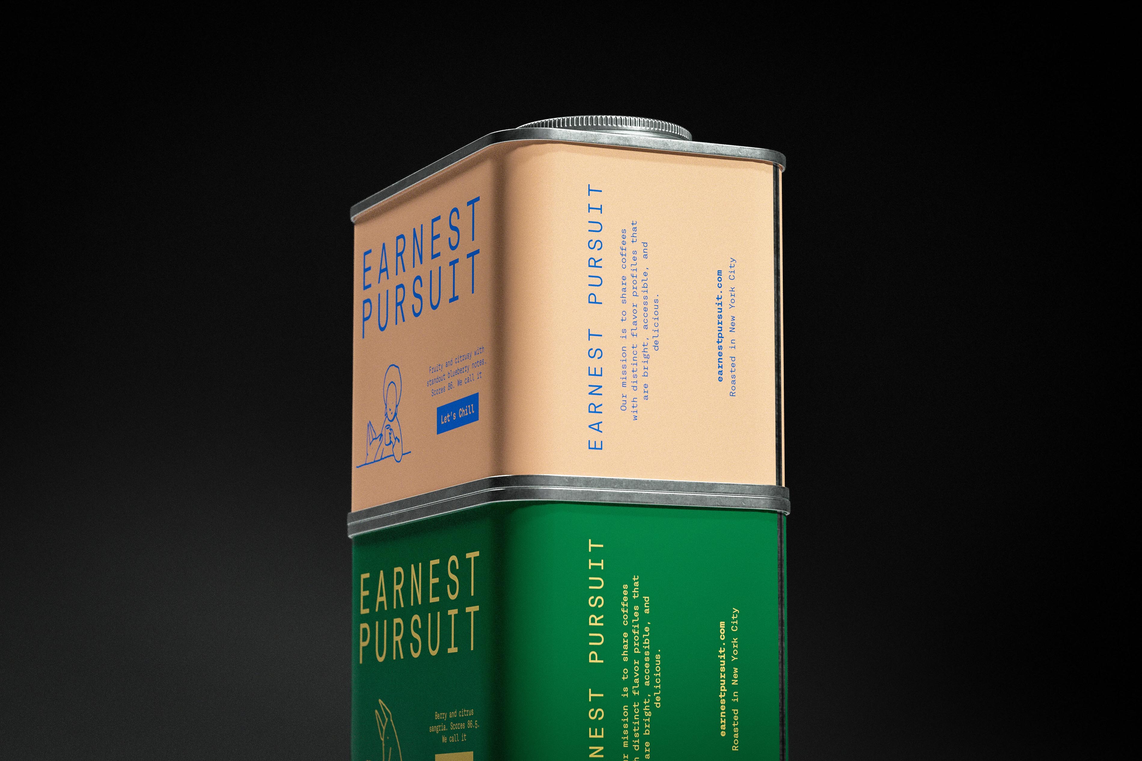Art of Packaging photographs its packaging design for Earnest Pursuit from below: two coffee tins against flat black, peach stacked on green, so the only highlights land on rolled tinplate seams and a knurled screw cap. The monospaced wordmark sits wide and stacked on the front, then rotates ninety degrees up the side panel above "Our mission is to share coffees with distinct flavor profiles that are bright, accessible, and delicious." Each tin runs one ink over one ground color, and the front copy closes on "Scores 86. We call it" before passing the punchline to a blue tab reading "Let's Chill", a naming system that treats tasting notes as a setup line.