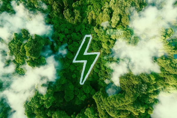 Aerial view of a green forest with a large white lightning bolt symbol cut into the trees, representing renewable electricity or green energy