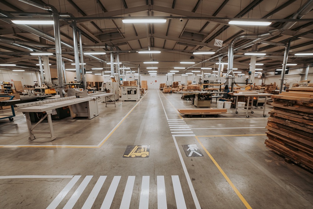 Modern furniture production workshop at Furnilo - clean, organized workspace for custom table manufacturing