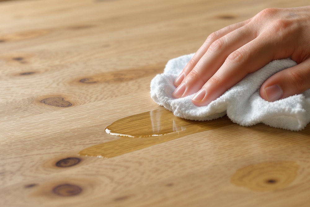 Wiping oil on a solid wood tabletop - maintenance of oiled wooden furniture