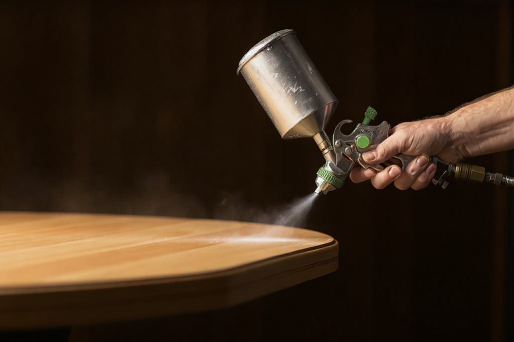 Protective lacquer being spray-applied to a solid wood table - professional furniture finishing process