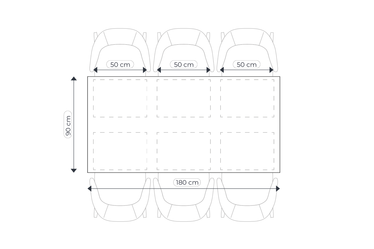 Illustration showing table dimensions and seating arrangements to help determine optimal table size for comfort and space efficiency.
