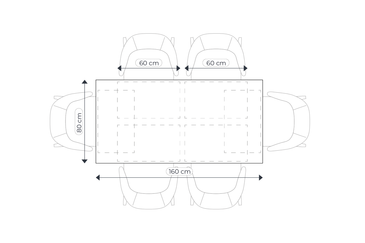 Illustration showing table dimensions and seating arrangements to help determine optimal table size for comfort and space efficiency.