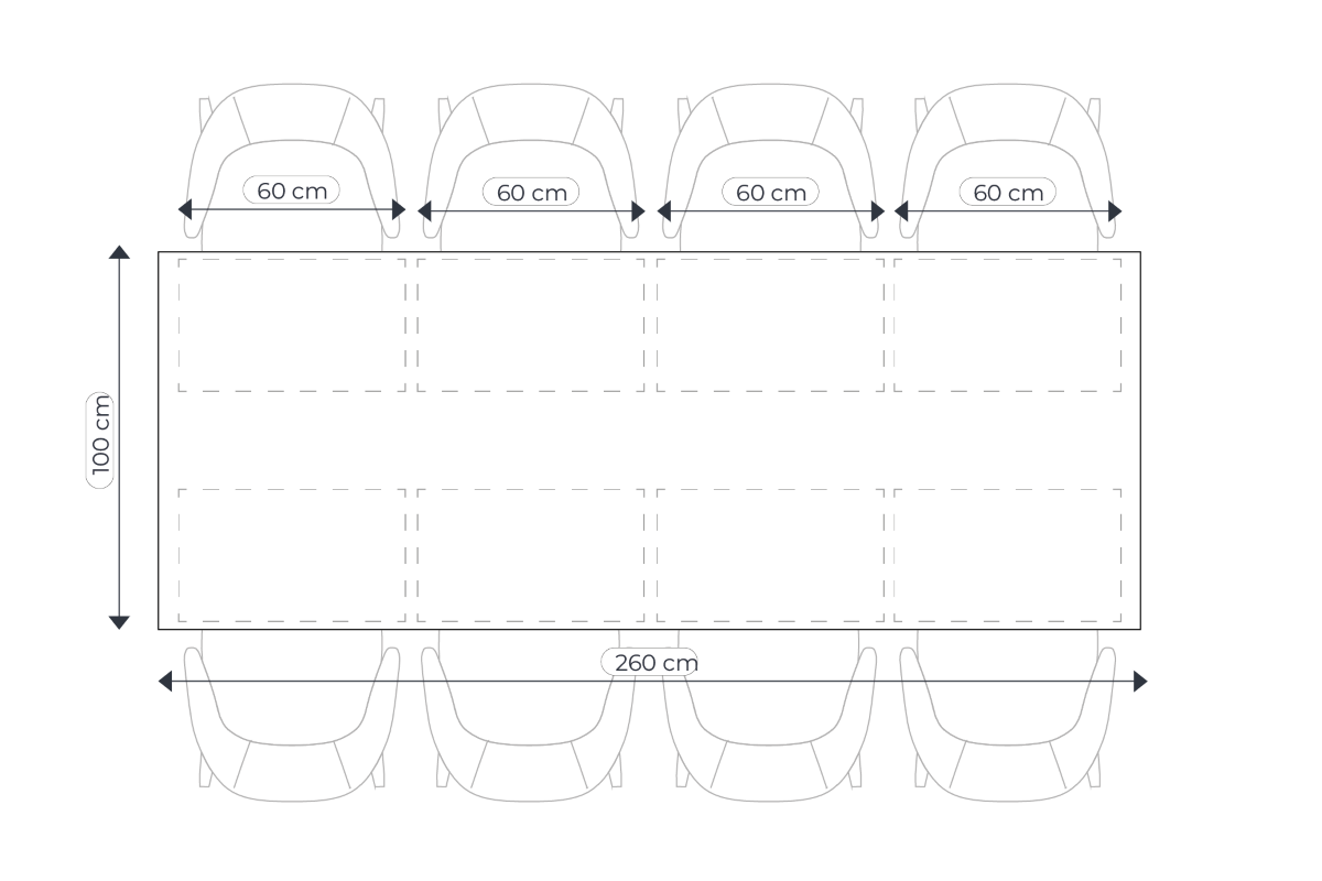 Illustration showing table dimensions and seating arrangements to help determine optimal table size for comfort and space efficiency.