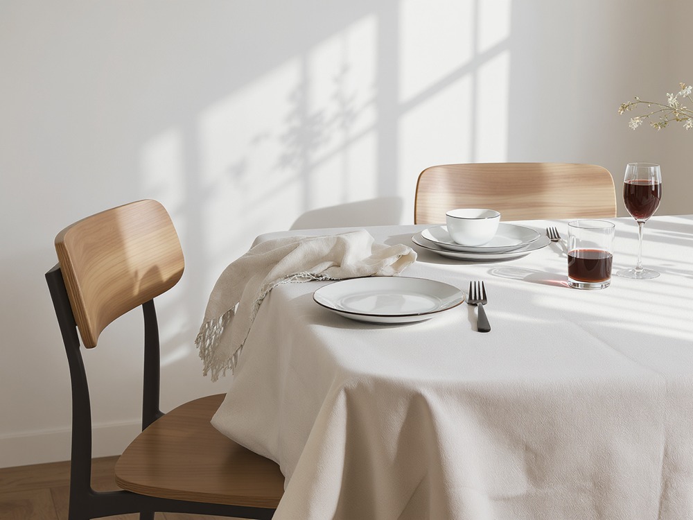 Elegant table setting with wooden chairs, white tablecloth, and soft natural light casting shadows through a window.