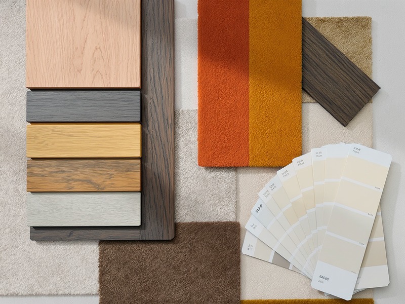 Interior design mood board with wood samples, fabric swatches, and neutral-toned paint cards arranged for color and material coordination.