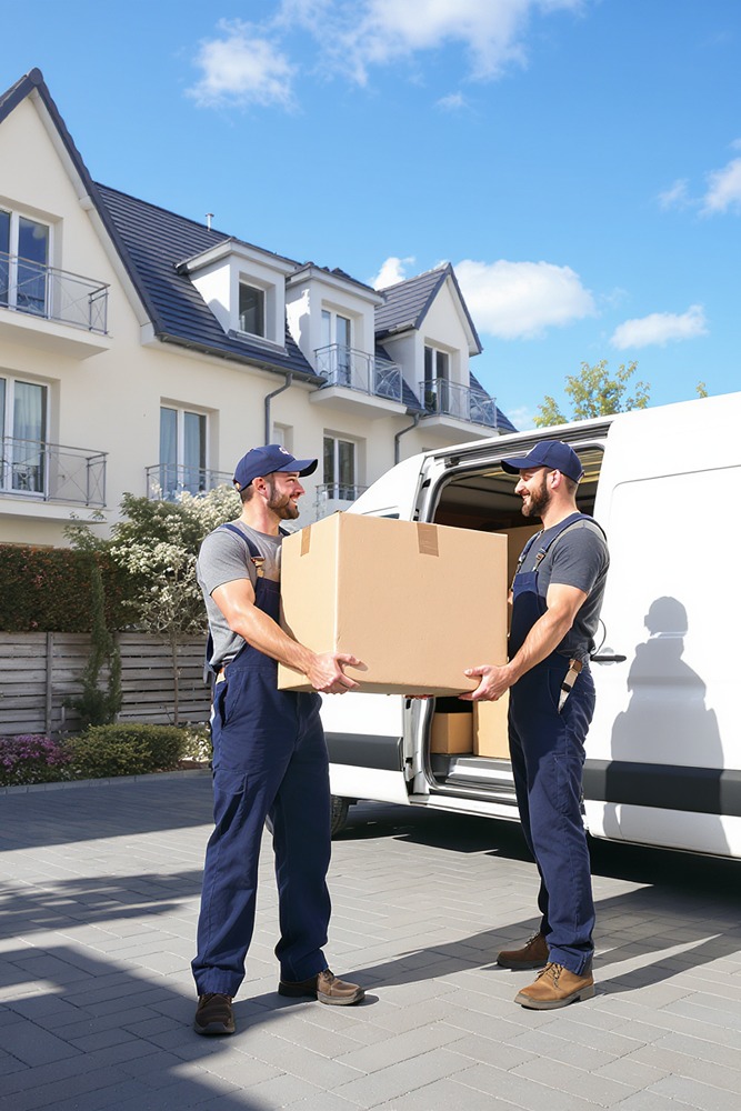 Two-person team delivering and assembling a Furnilo custom wooden table in customer’s home