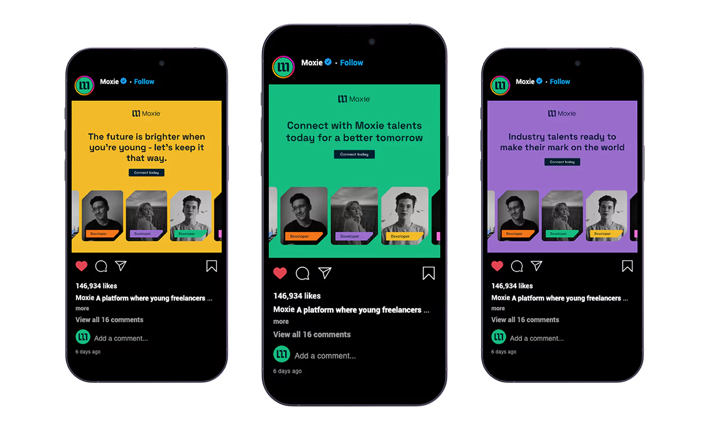 3 telefoner som visar Moxie sociala medier inlägg.