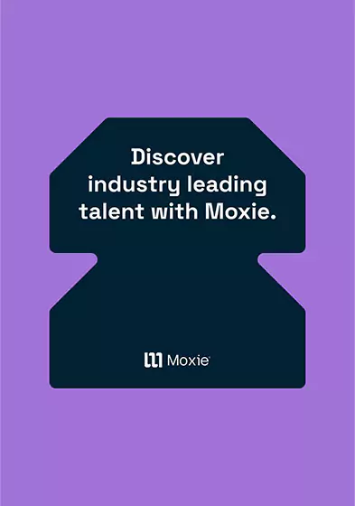 A purple poster with a Moxie shape in the middle.