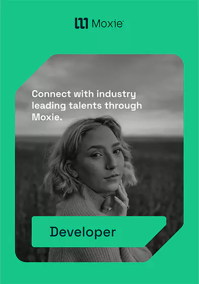 A green poster with a Moxie freelancer in the middle.