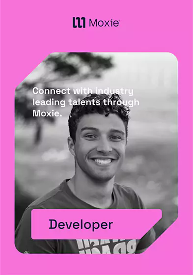 A pink poster with a Moxie freelancer in the middle.