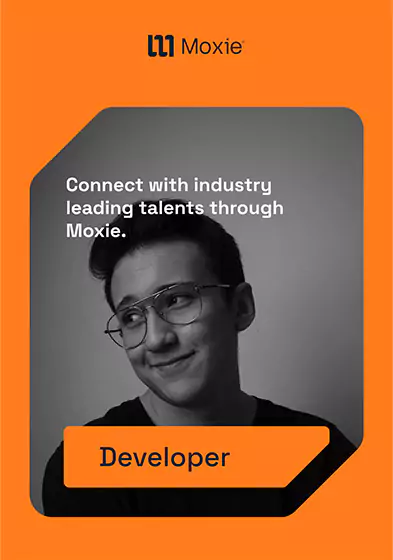 An orange poster with a Moxie freelancer in the middle.