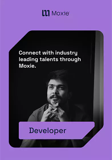 A purple poster with a Moxie freelancer in the middle.