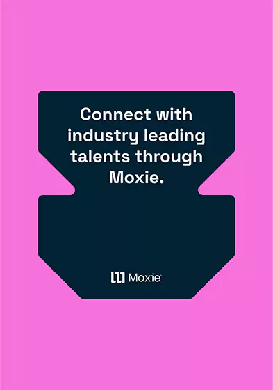 A pink poster with a Moxie shape in the middle.