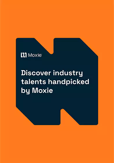 An orange poster with a Moxie shape in the middle.