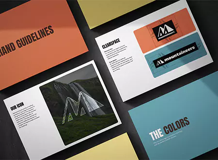 6 sidor av Mountaineers branding guidelines.