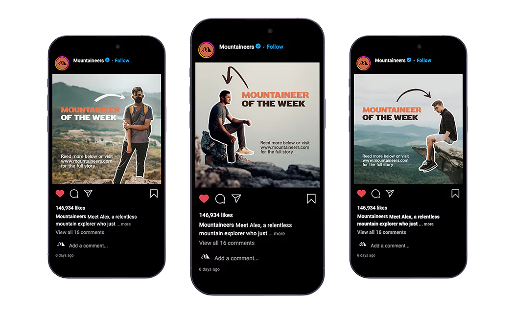 3 telefoner som visar Mountaineers sociala medier inlägg.