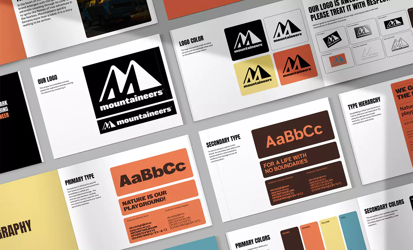 Sidor ur Mountaineers branding guidelines.