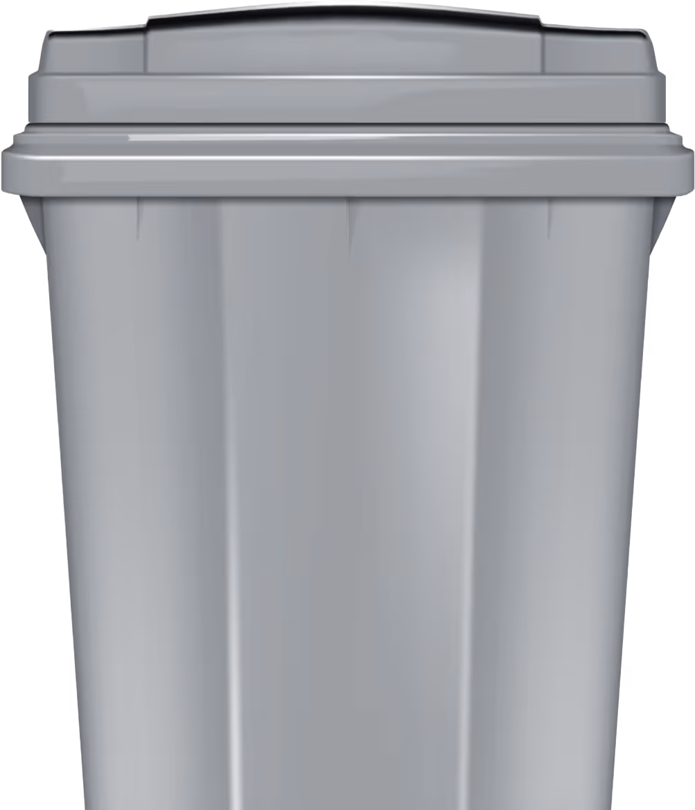 Tall silver plastic trash bin with a closed lid.