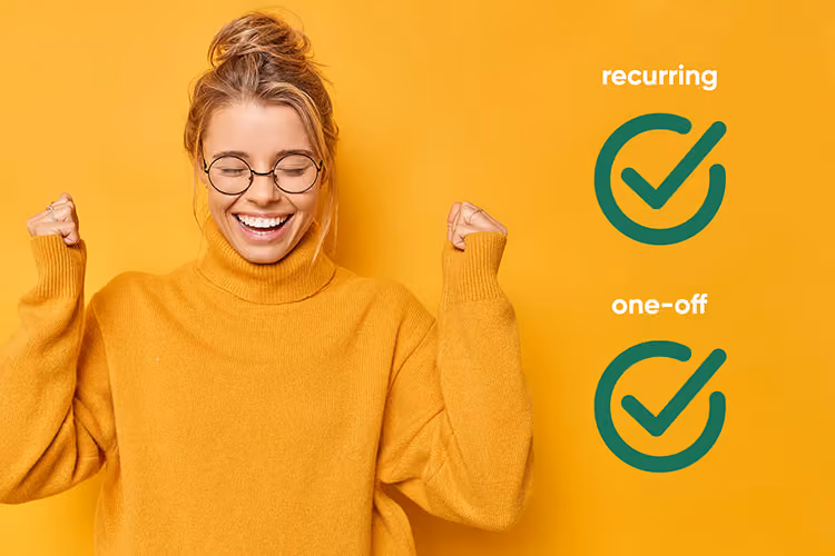 Smiling woman in yellow sweater celebrates next to green checkmarks labeled recurring and one-off.