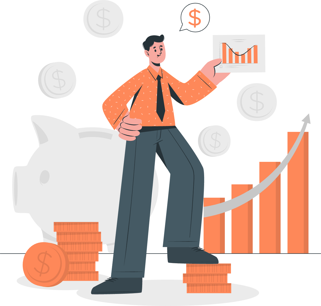 Person in front of increasing bar graph and piggy bank holding another graph