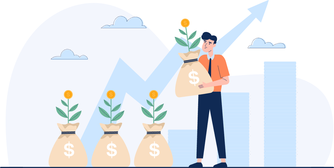 Person in front of increasing bar graph holding bag with dollar sign