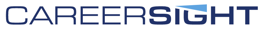 The CareerSight logo in navy text with a light beam in light blue hovering over the I and G in Sight
