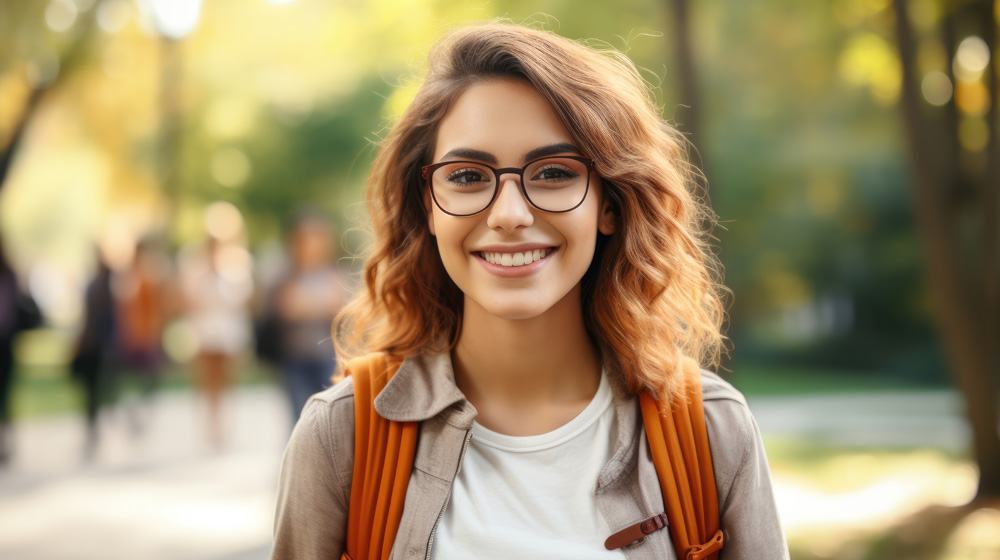 Smiling young woman with glasses and backpack standing outdoors in a park-like setting with blurred people in the background.