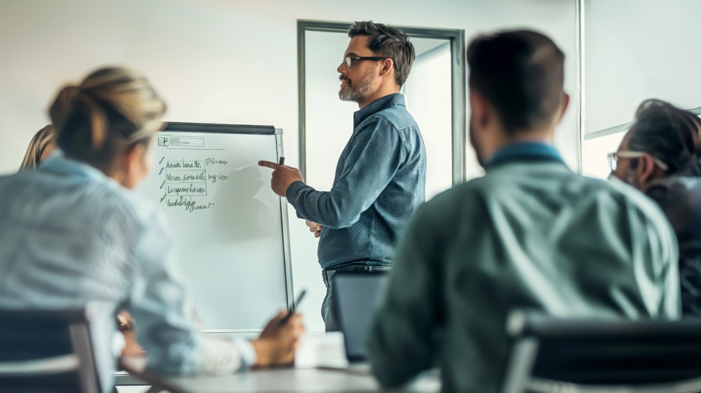 Man in glasses pointing at notes on a flip chart during a meeting with four colleagues in a conference room.