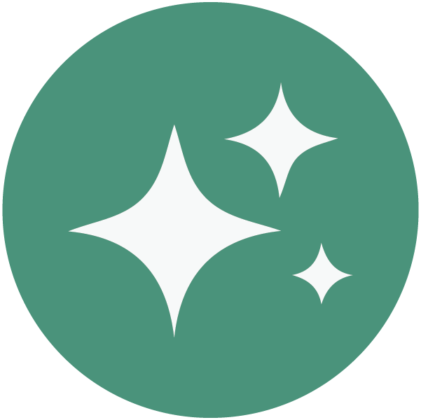 Three white sparkle stars of different sizes on a green circular background.