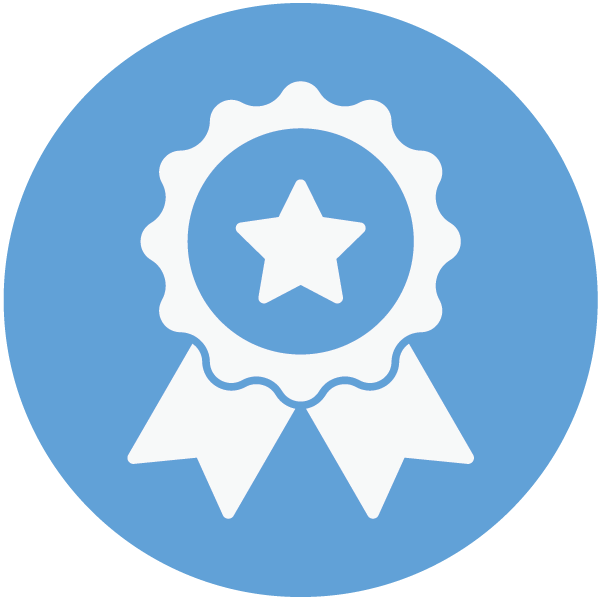White award ribbon with star in center on blue circular background.