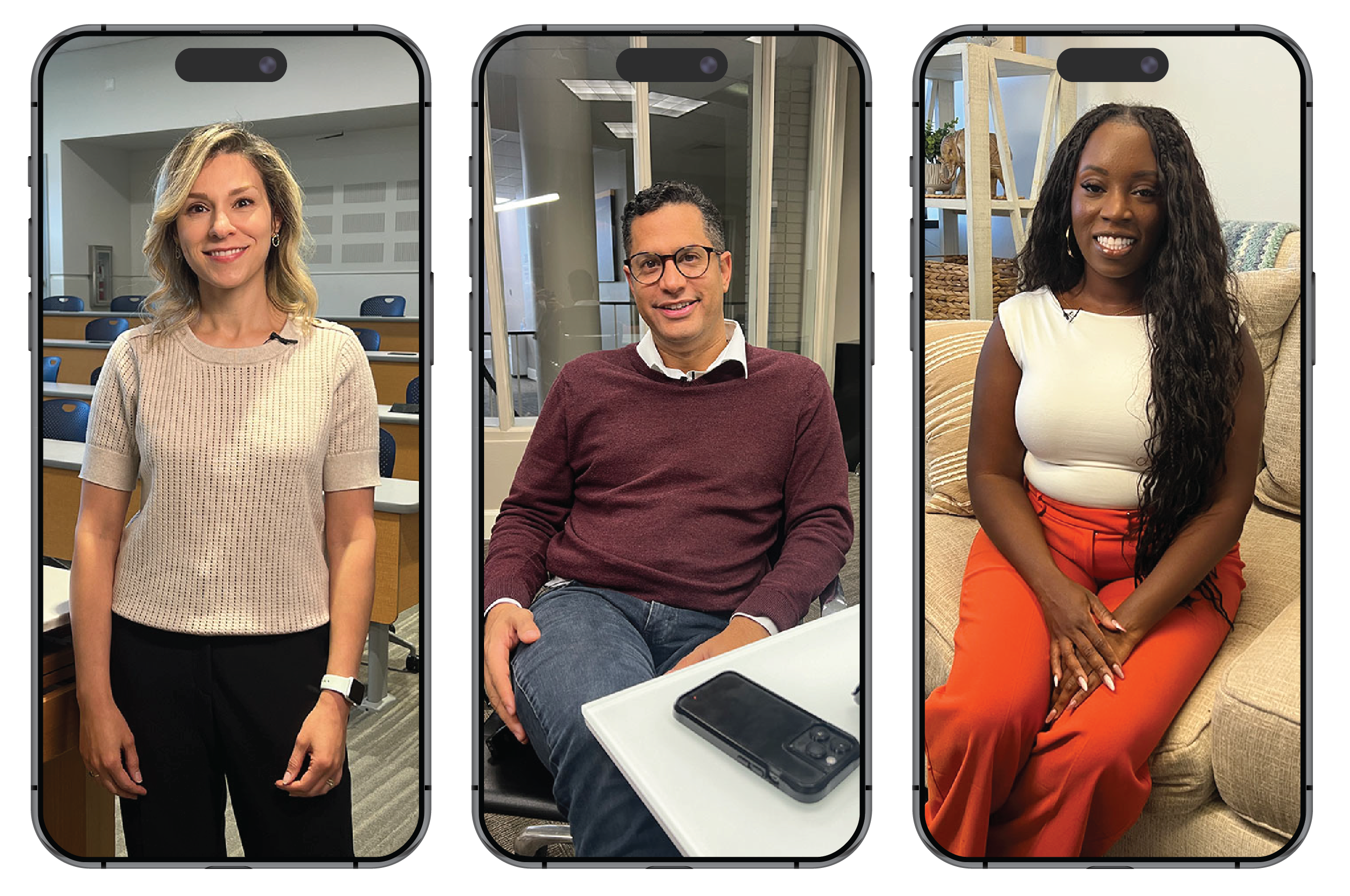 Three smartphones each displaying a portrait of a person: a smiling woman standing in a classroom, a man seated at a desk with a phone, and a woman sitting on a couch wearing bright orange pants.