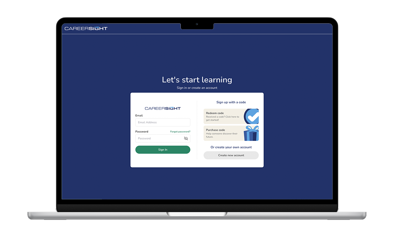 Laptop screen displaying a 'Let's Start Learning' sign-in page with email and password fields, sign-in and create account buttons, and options to redeem or purchase a code.