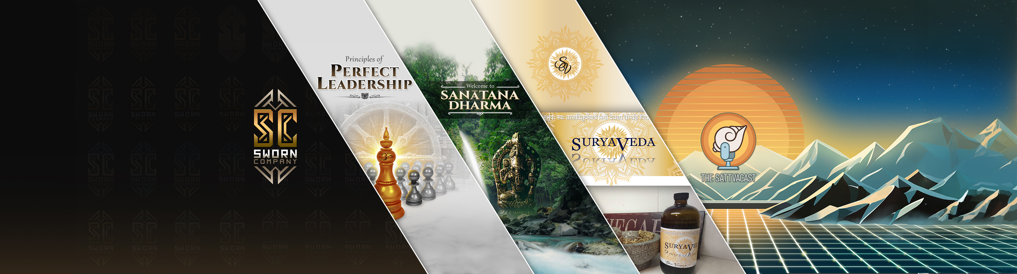 An image of several graphic designs arranged in a slanted polyptych.