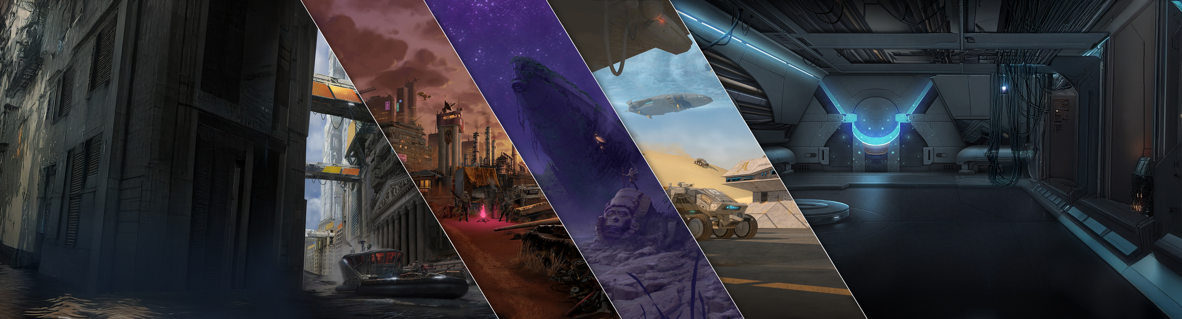 An image of several environment designs arranged in a slanted polyptych.