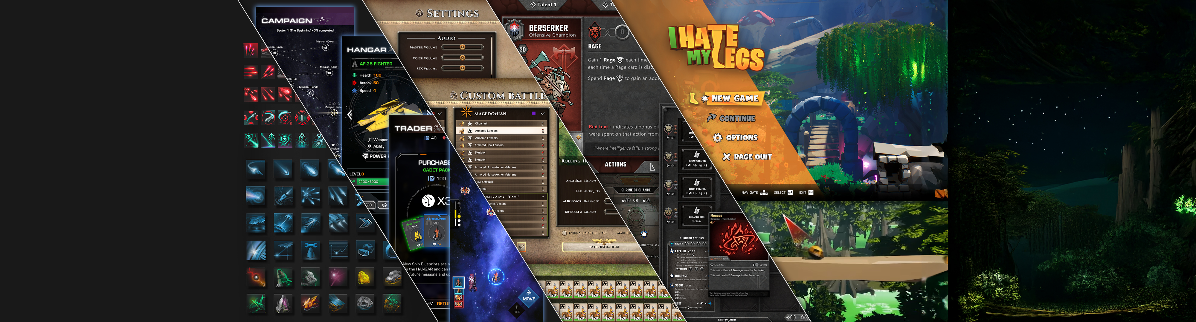 An image of several UI designs arranged in a slanted polyptych.