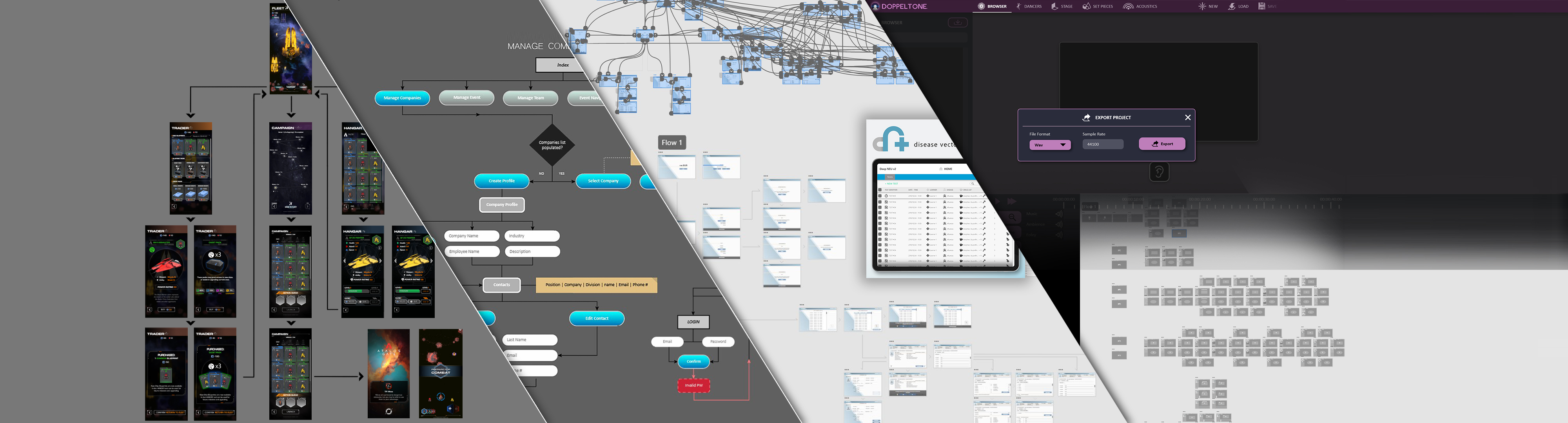 An image of several UX designs arranged in a slanted polyptych.