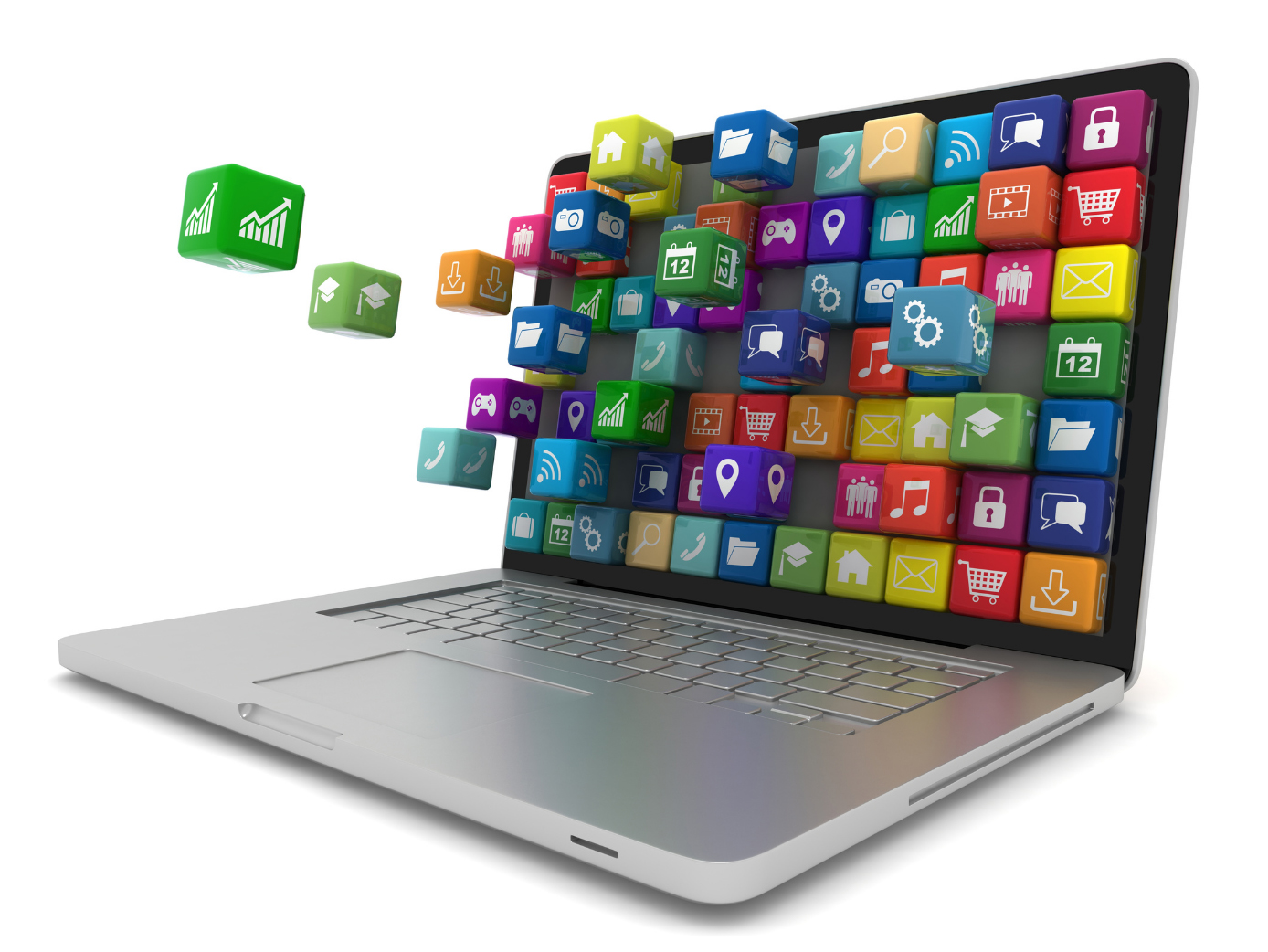 Laptop screen filled with block apps and floating software icons representing digital software inventory management.