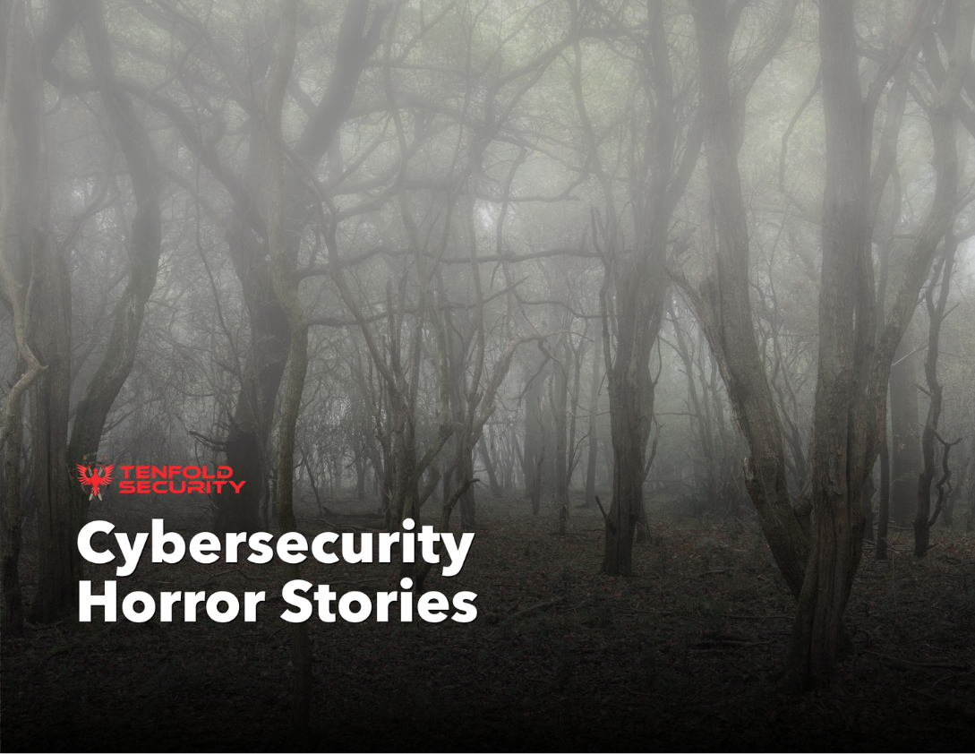 Foggy wooded area representing cybersecurity horror stories and real-world cybersecurity threats, with “Cybersecurity Horror Stories” and the Tenfold Security logo.