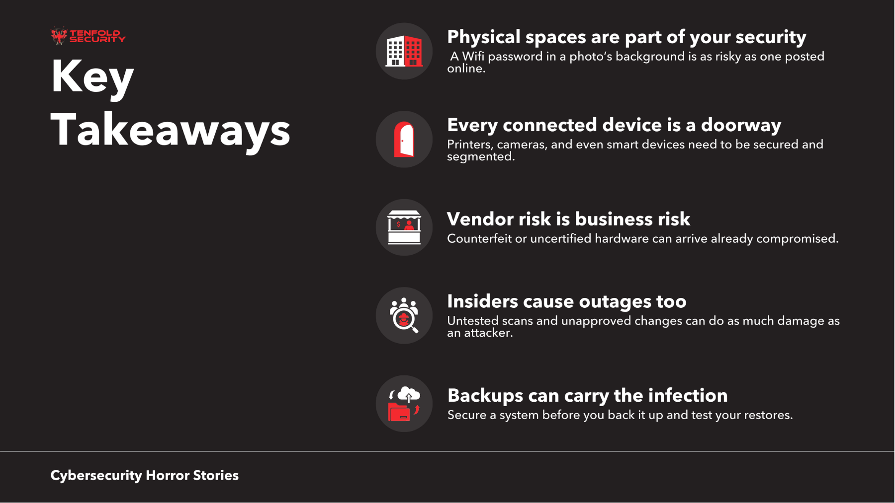 Graphic summarizing five cybersecurity lessons: secure physical spaces and Wifi information, protect and segment connected devices, manage vendor and hardware risks, prevent insider-caused outages, and secure and test backups.