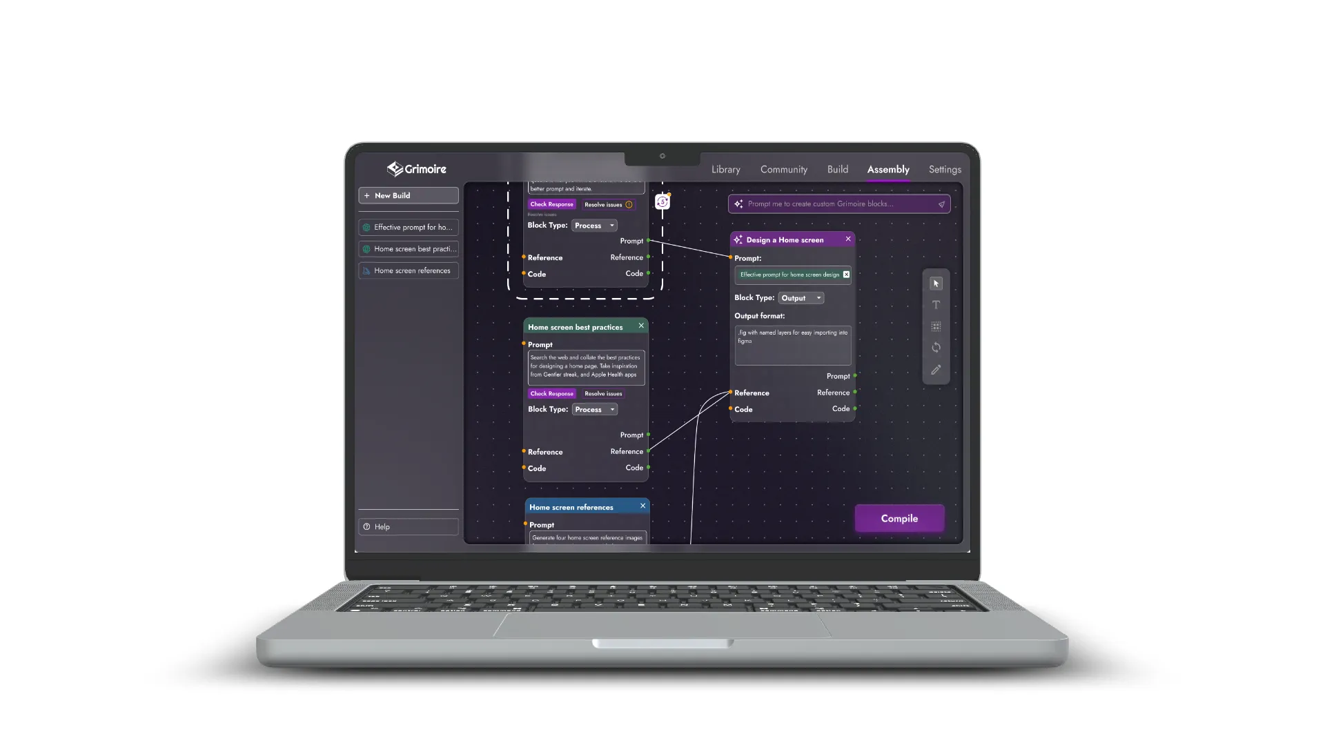 Mockup of the assembly screen of grimoire on a laptop