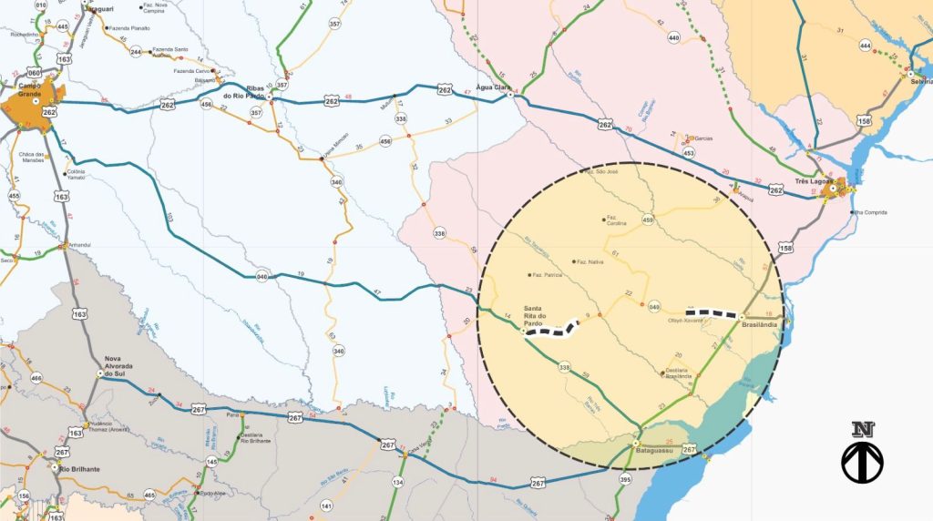 Mapa colorido que mostra onde será feita a obra de pavimentação entre Santa Rita e Brasilândia