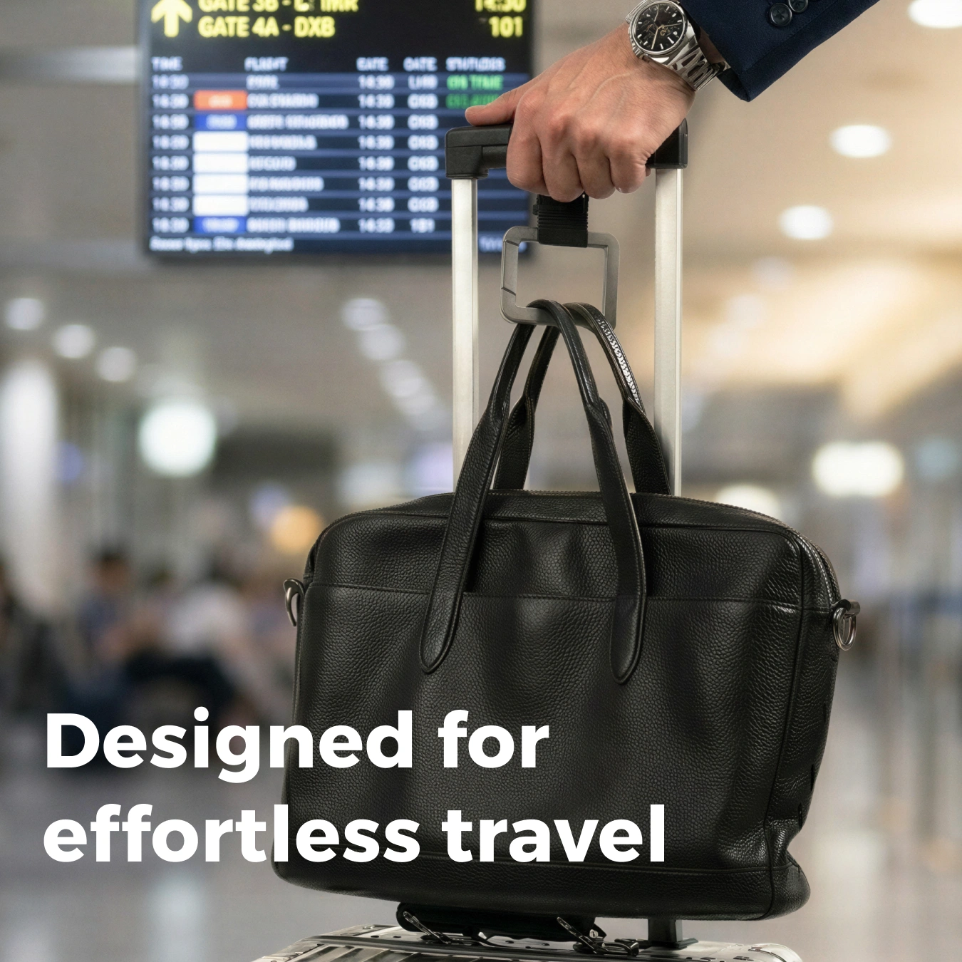 Hand holding rolling suitcase handle with black leather bag hanging in an airport terminal.