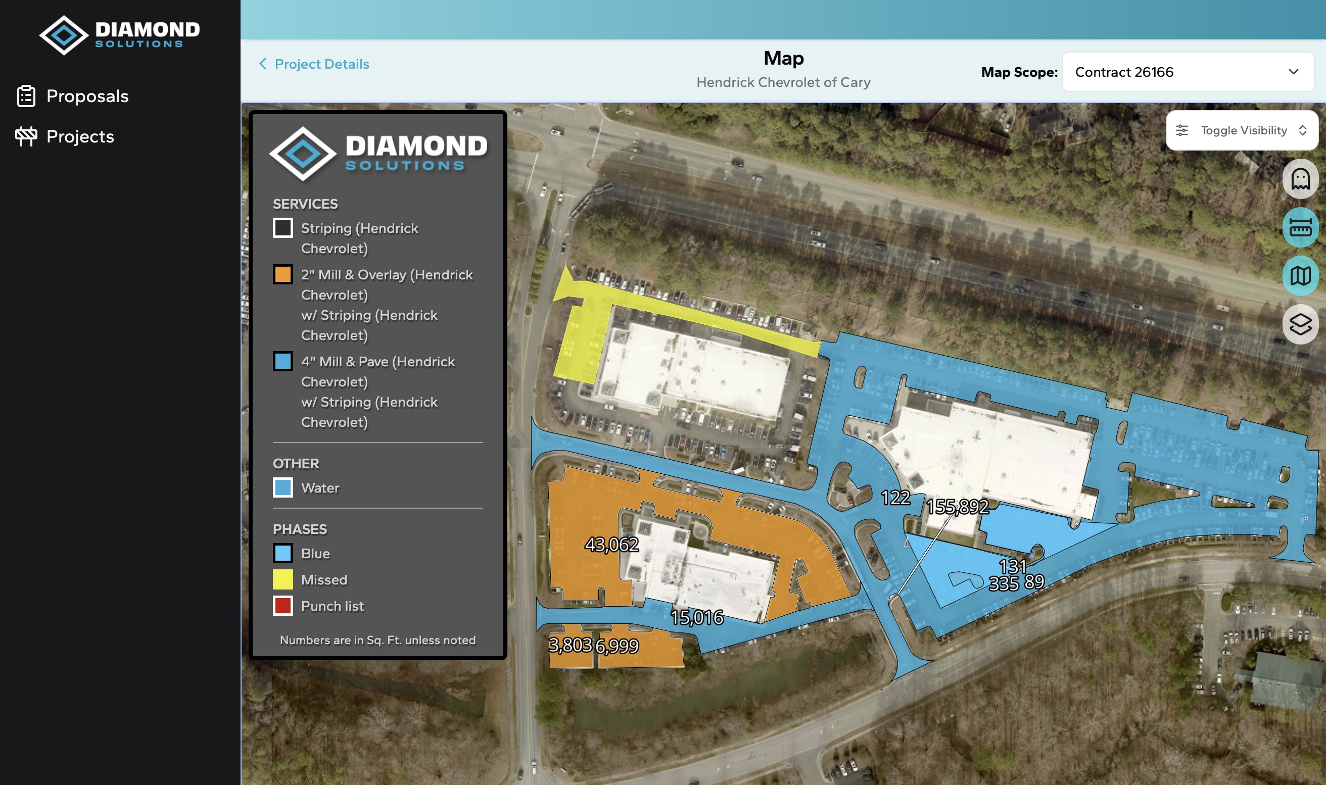 A map of Hendrick Chevrolet of Cary showing services areas color-coded: orange, blue, yellow, with overlay of roads.