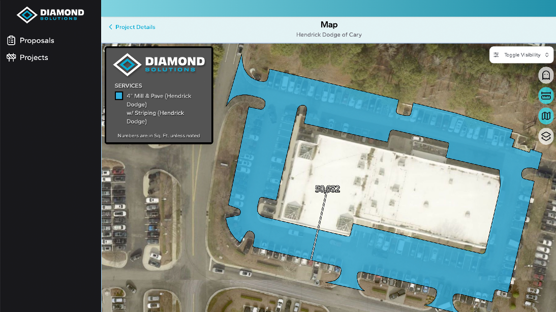 Aerial map view of a building and surrounding parking lot with an overlay in blue highlighting areas designated for 4-inch mill and pave with striping services by Diamond Solutions. The overlay covers most parking areas around the building, indicating a total area of 50,682 square feet. The interface includes options to toggle visibility and additional map tools on the right panel, with navigation links for Proposals and Projects on the left.
