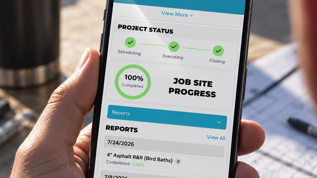 Smartphone screen showing a project management app with project status indicating scheduling, executing, and closing all completed with green check marks and a 100% completed job site progress circle, along with a report section dated 7/24/2026 for 4-inch Asphalt R&R (Bird Baths) marked 100% completed.